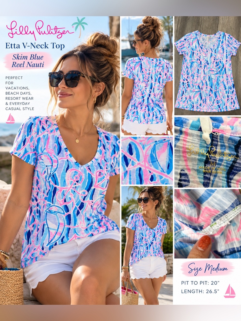 (#28) Lilly Pulitzer Etta V-Neck Top Skim Blue Reel Nauti NWT Medium